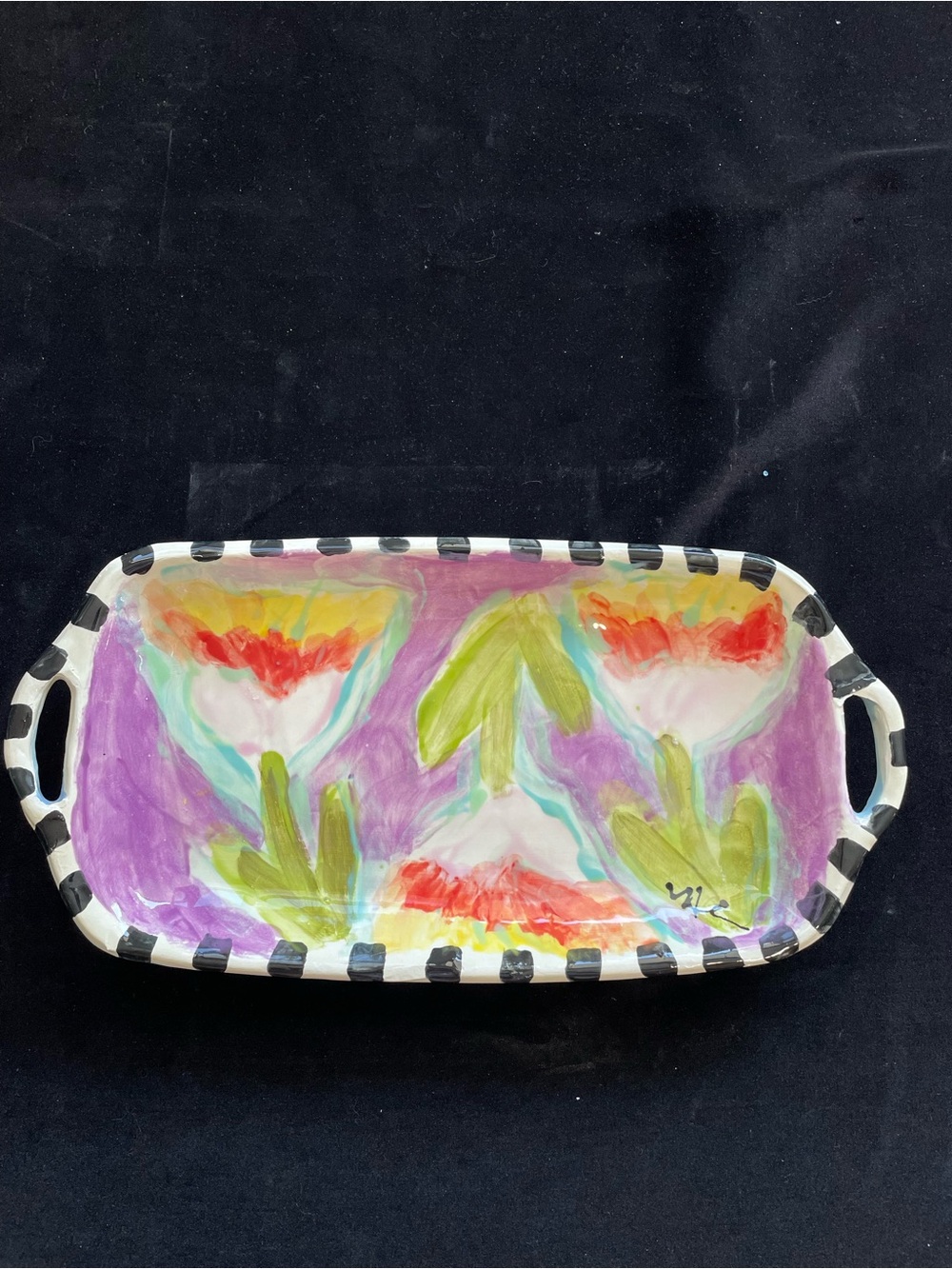 Handmade Ceramic Serving Tray w/ Handles Wild Flowers Design 14”x7”